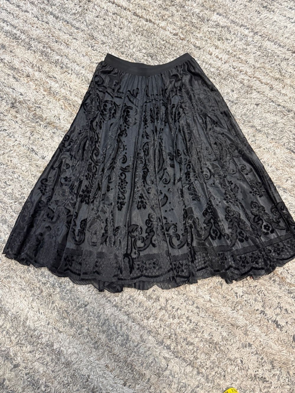 Black burnout velvet Lace Overlay Midi Skirt elastic waist Goth dark romance L